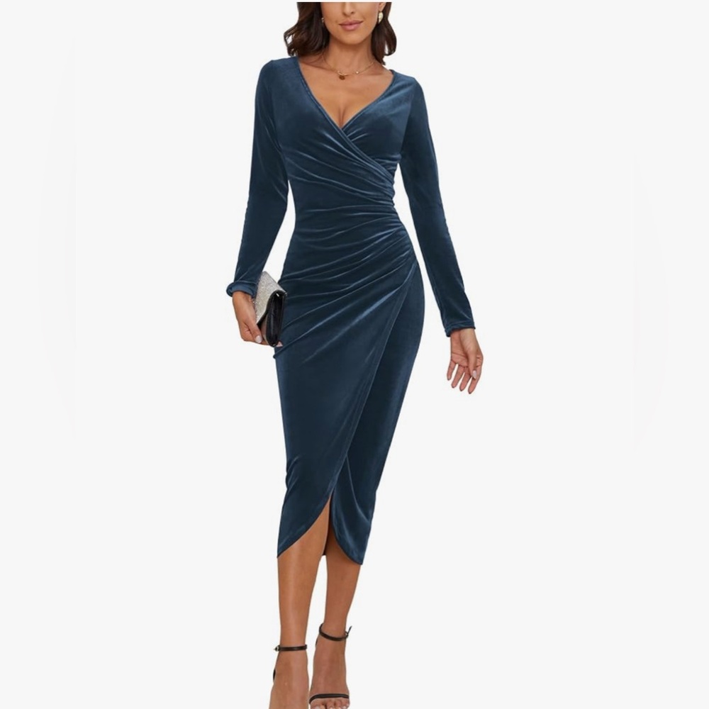 NEW Elegant Velvet Long Sleeve Wrap V Neck Ruched Bodycon Dress S